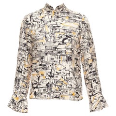 SHANGHAI TANG 100% silk beige village house print chinese collar blouse FR36 S