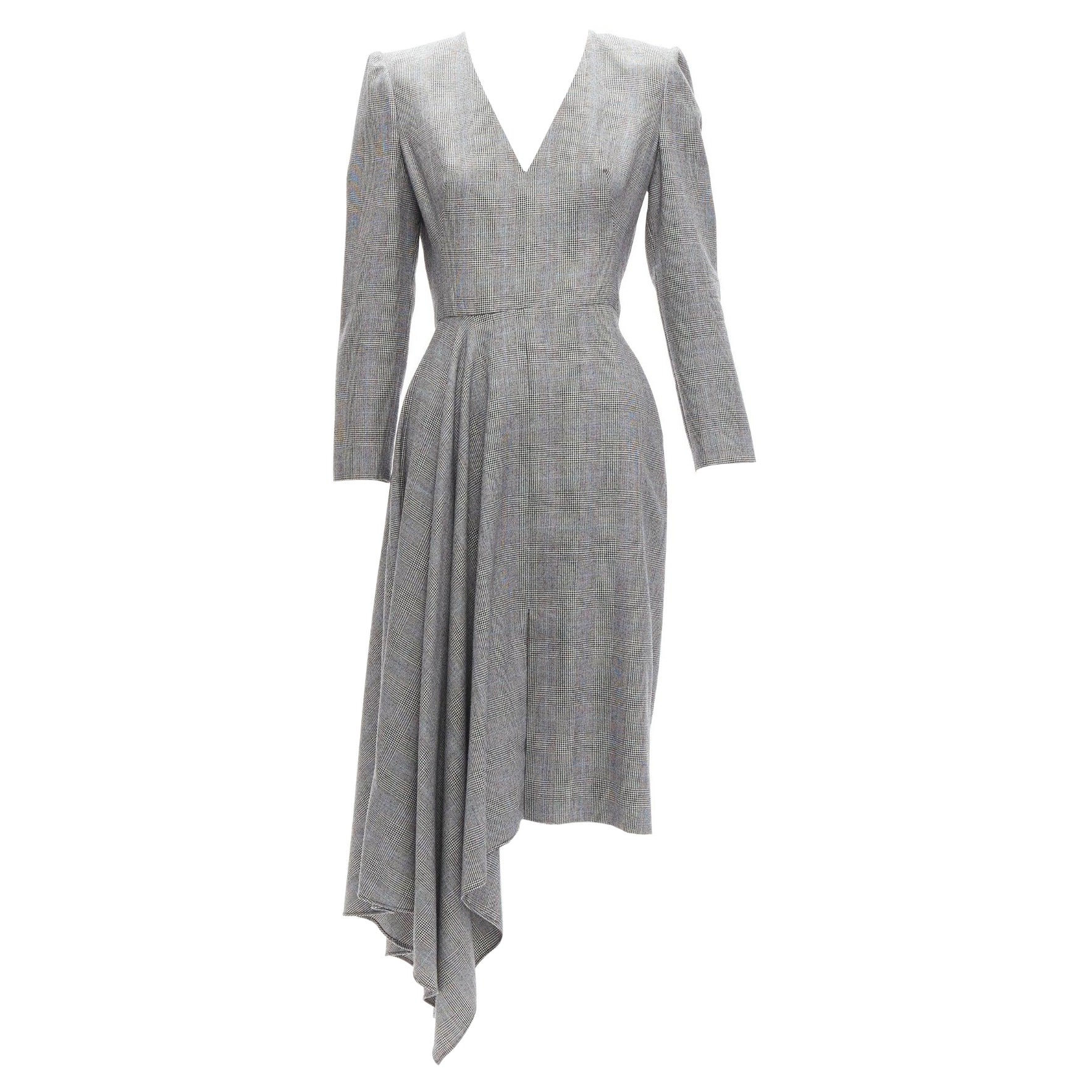 ALEXANDER MCQUEEN 2020 grey houndstooth wool V-neck asymmetric drape dress IT40 For Sale