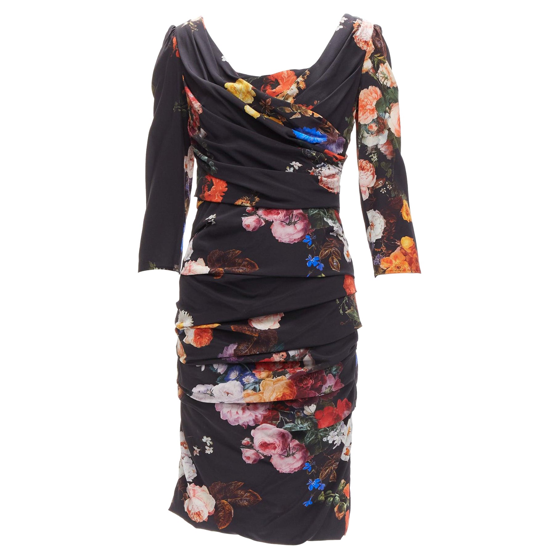 DOLCE GABBANA black multicolour silk blend floral print ruched dress IT42 M For Sale