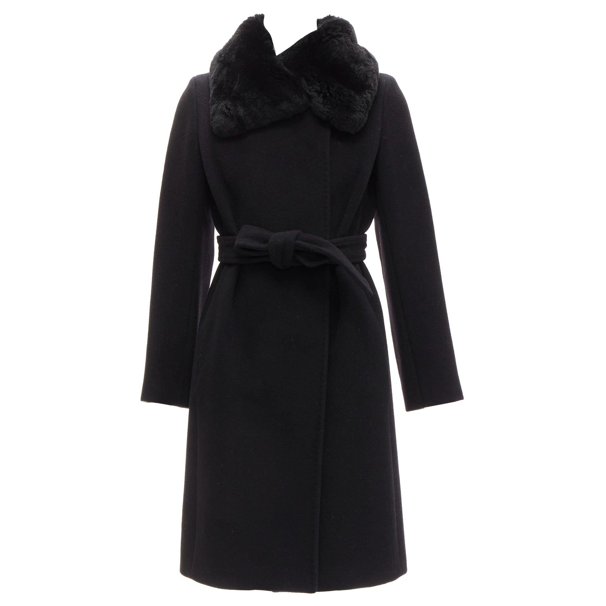 MAX MARA black fur collar virgin wool cashmere belted coat IT38 XS For Sale