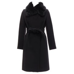 Used MAX MARA black fur collar virgin wool cashmere belted coat IT38 XS