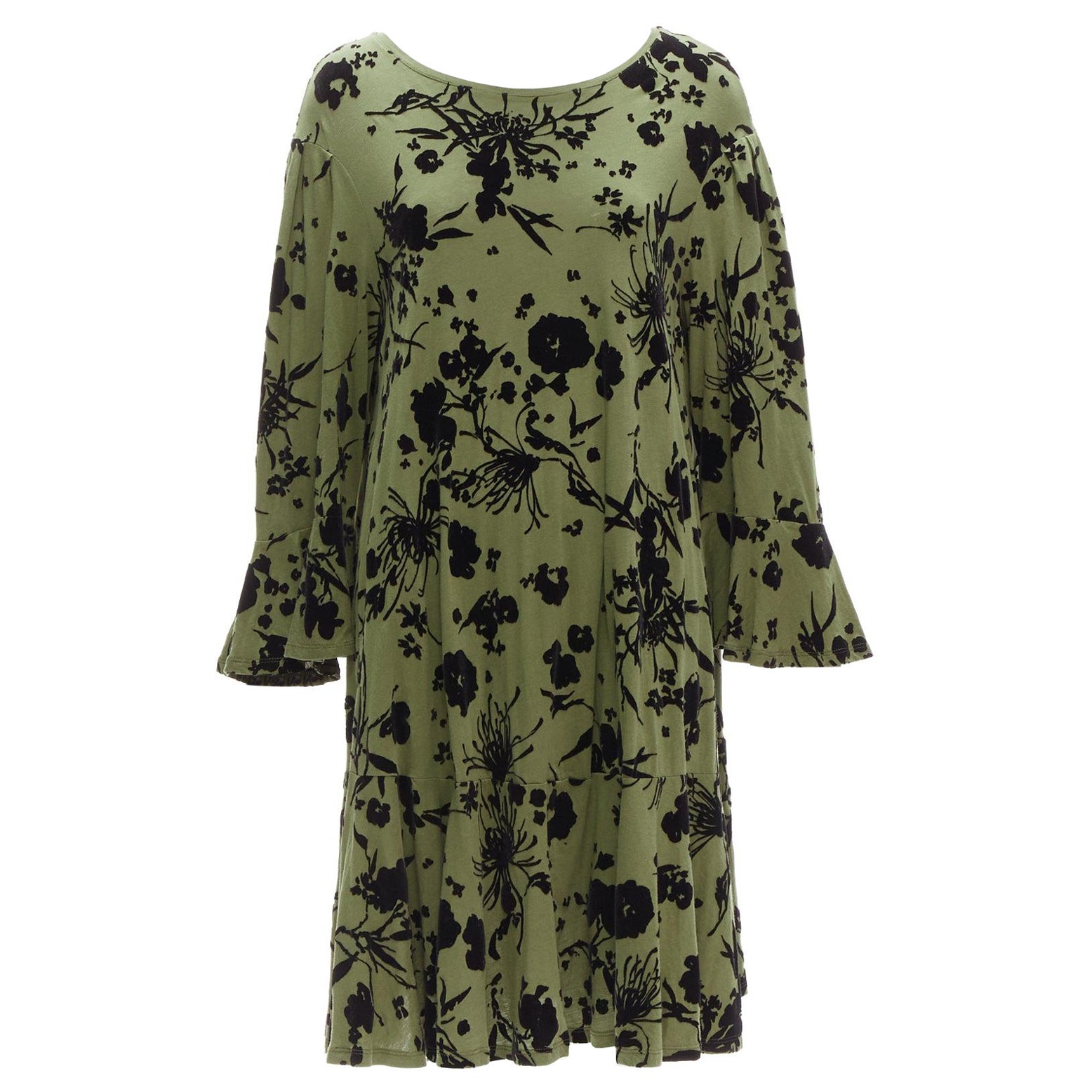 DRIES VAN NOTEN green cotton floral devore bell sleeve flutter dress XS For Sale