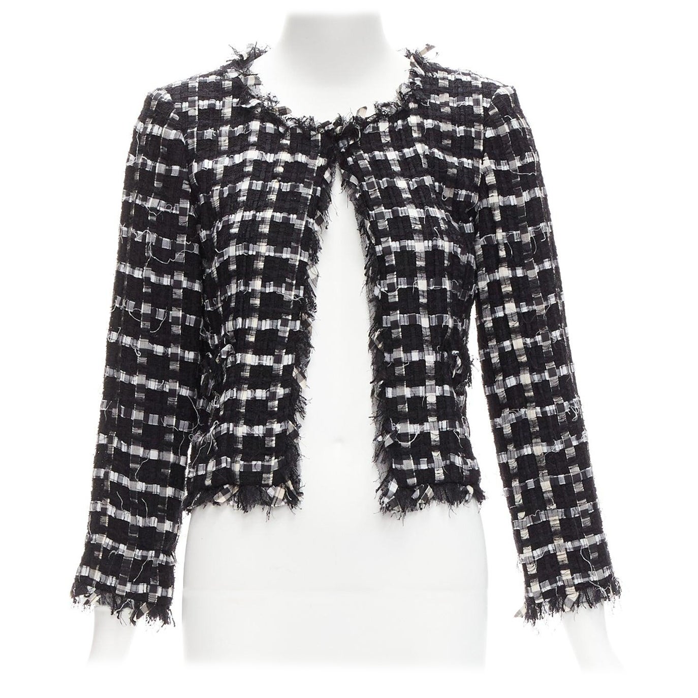 CHANEL black white raw frayed check tweed gripoix buttons cropped jacket FR40 L For Sale