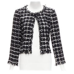 CHANEL black white raw frayed check tweed gripoix buttons cropped jacket FR40 L