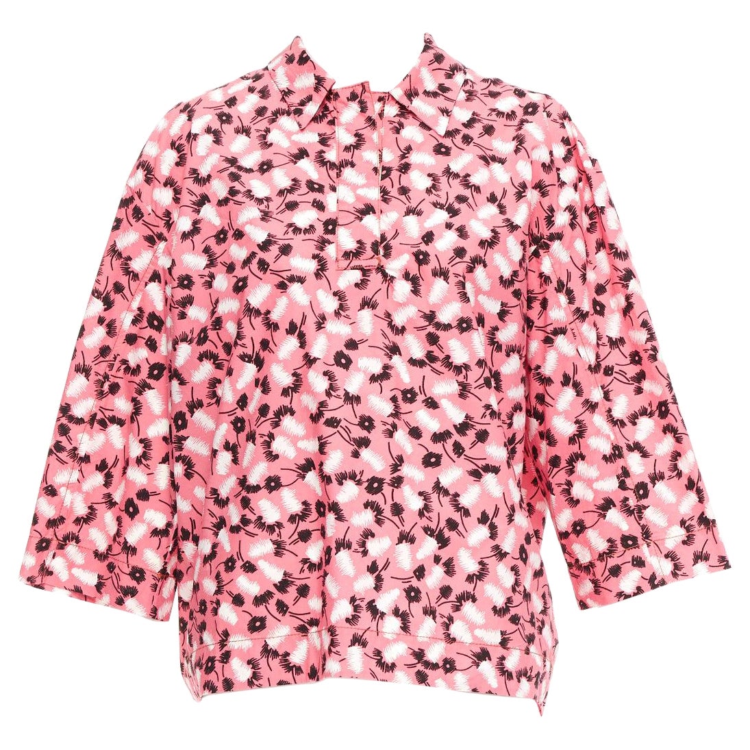 MARNI 100% cotton pink black white feather print boxy shirt IT38 XS For Sale