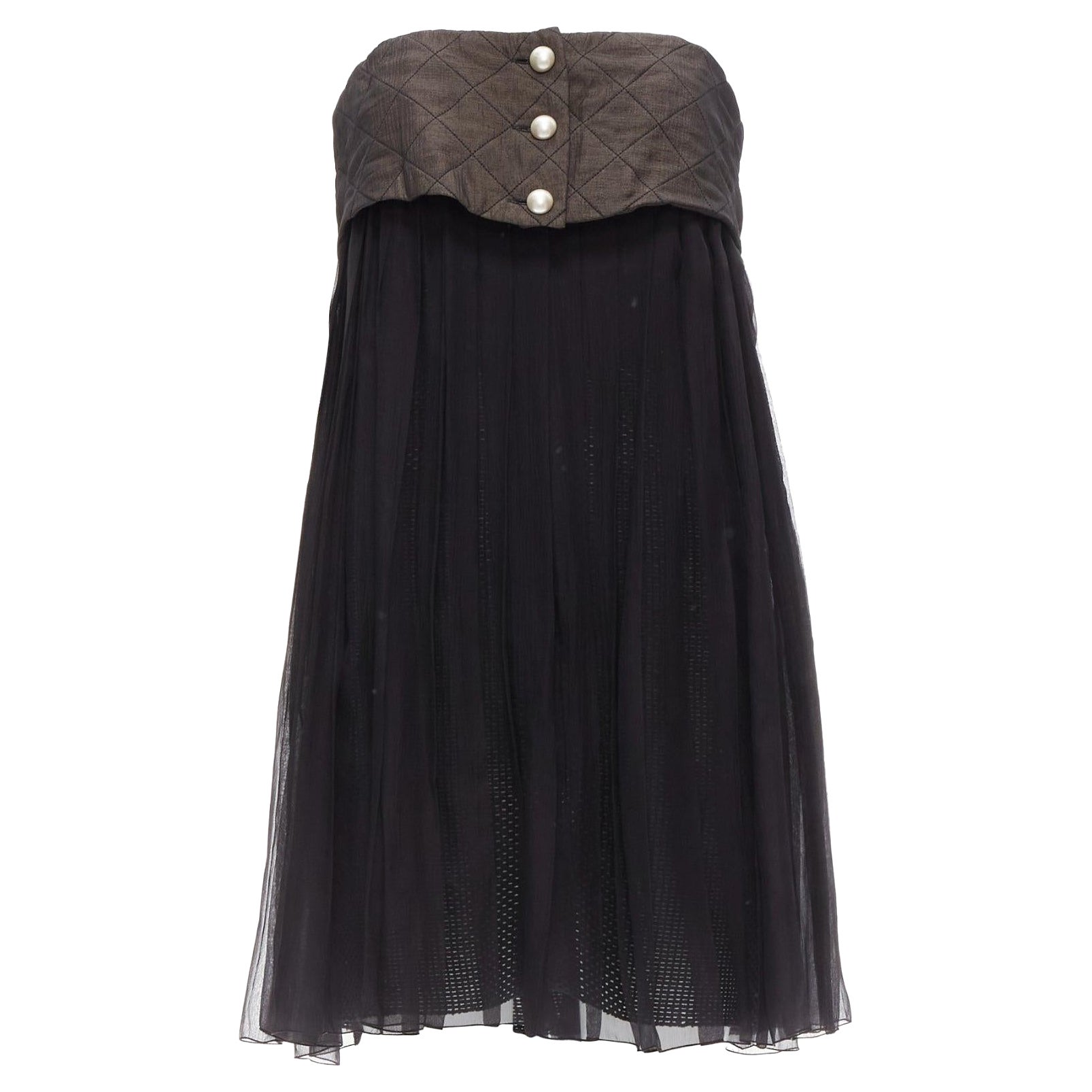 CHANEL quilted grey black CC pearl button silk tube mini dress FR38 M