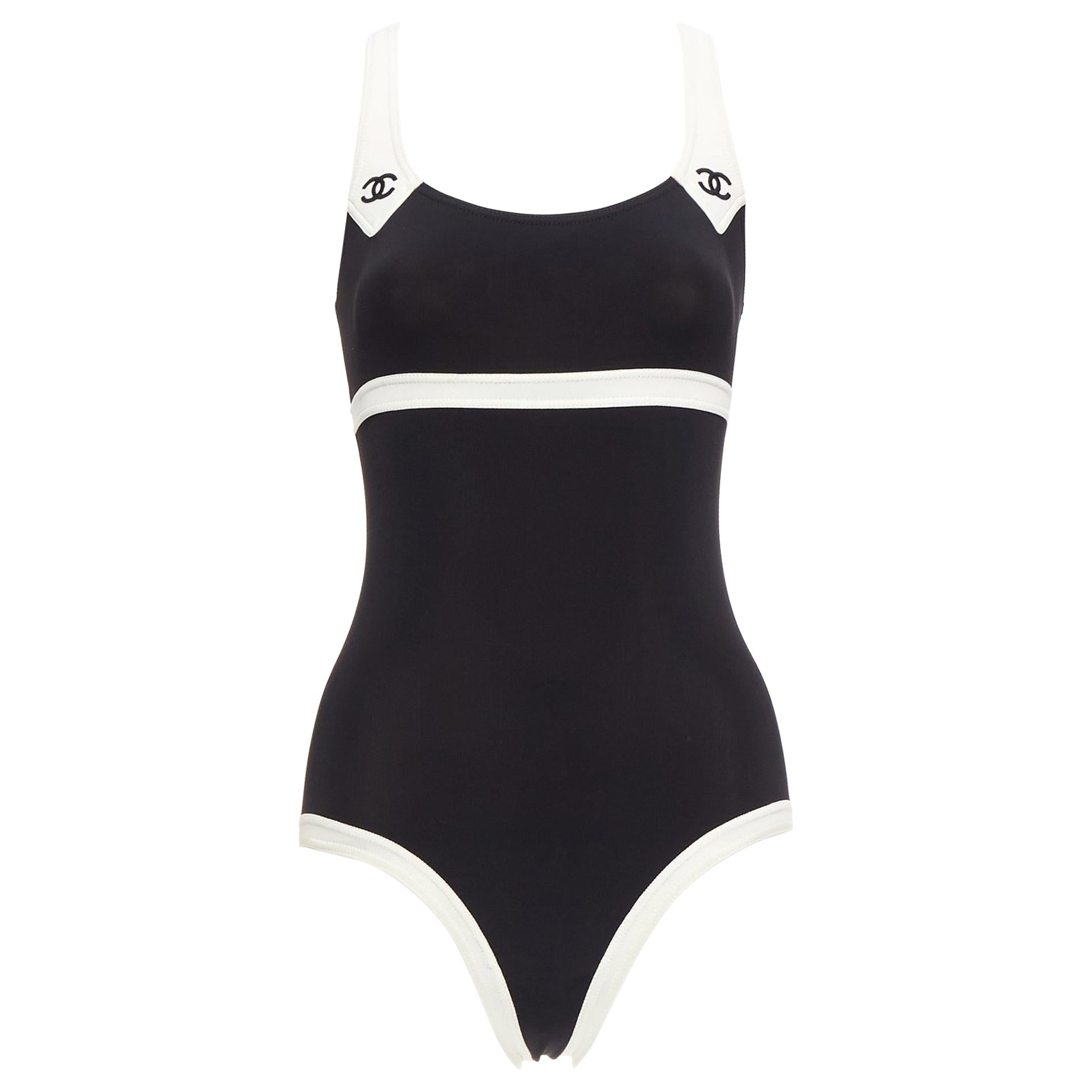 rare CHANEL 96C Vintage CC black cream colorblock swim bodysuit FR36 S For Sale