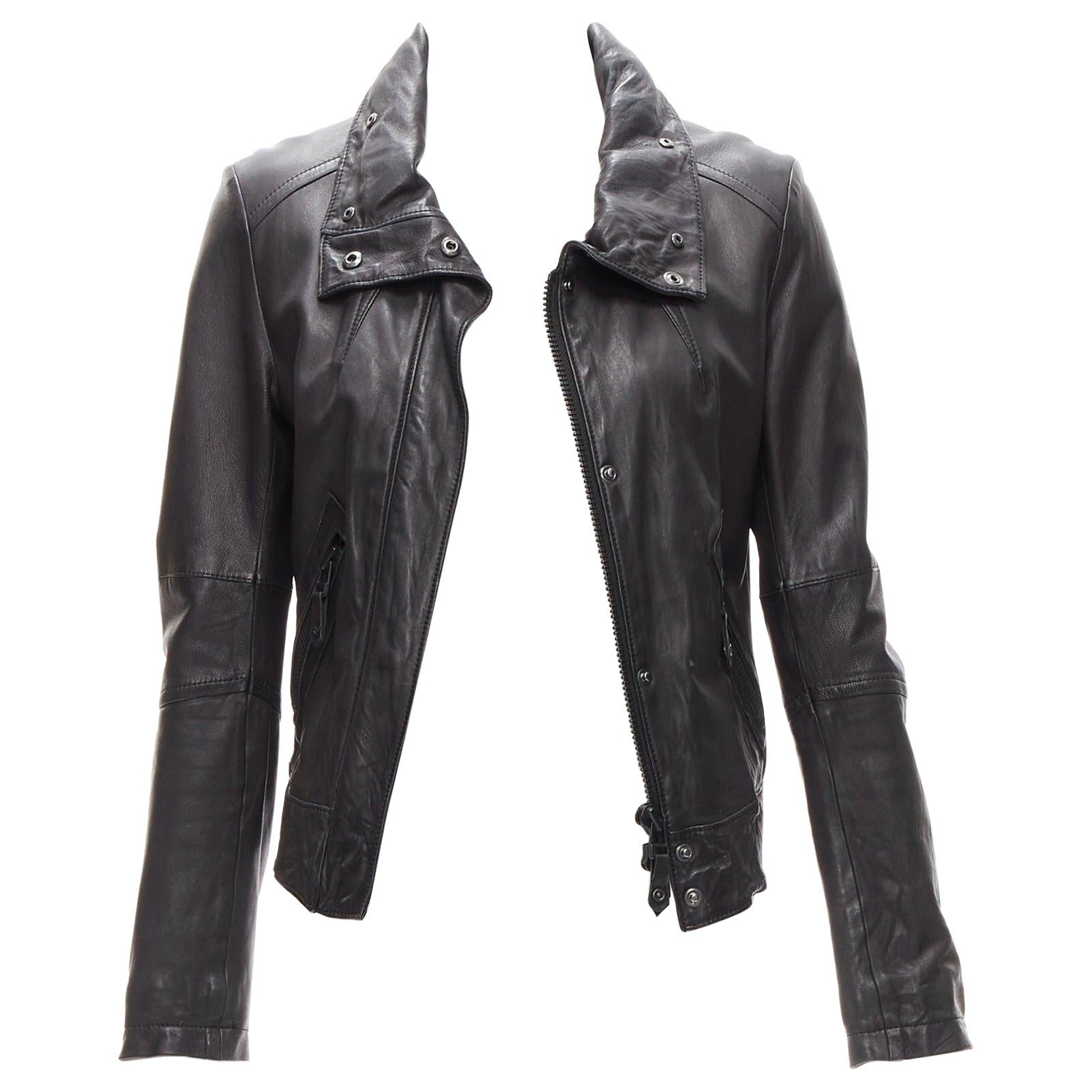 ATSURO TAYAMA black sheepskin leather 2 way collar biker jacket US4 S For Sale