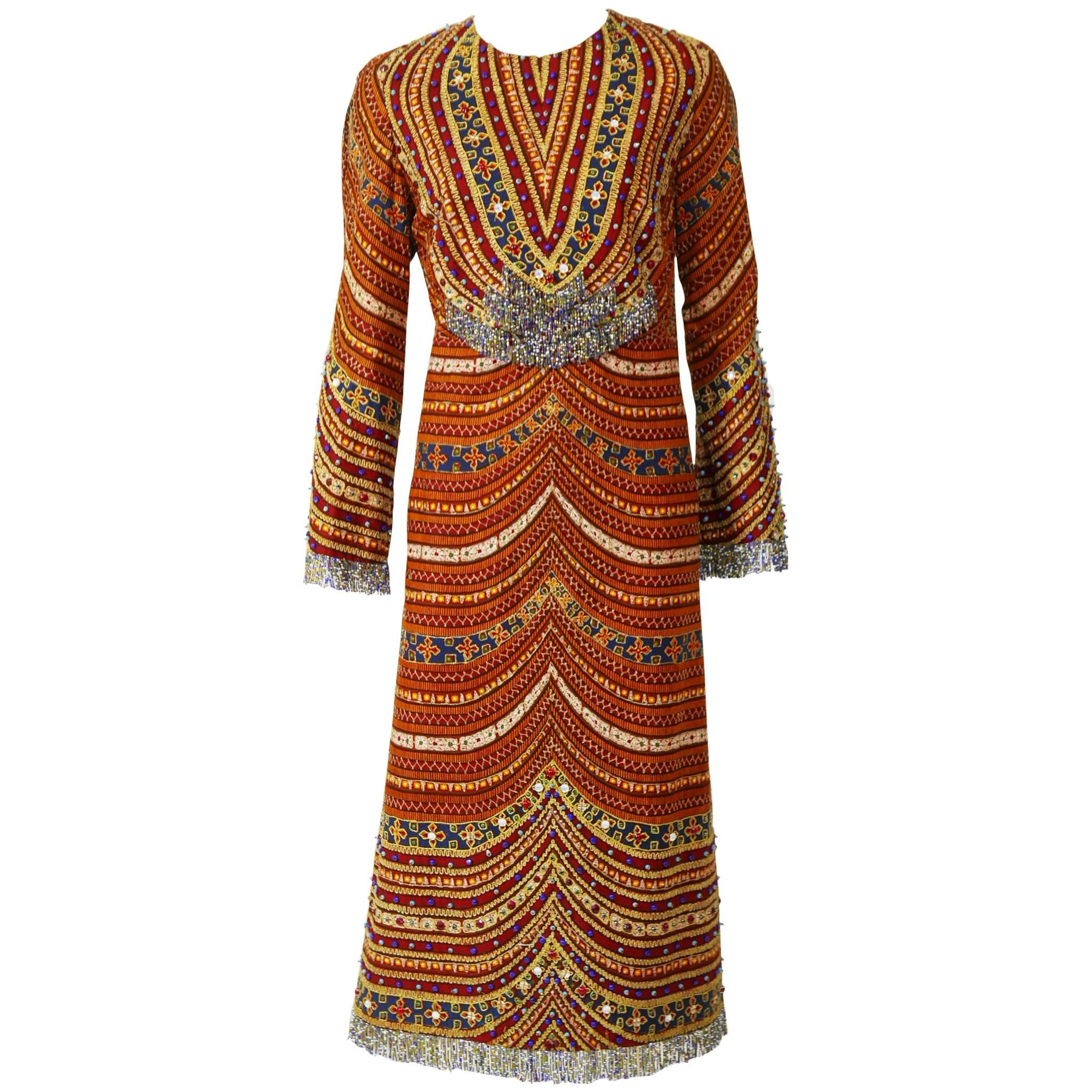 1970s Pirovano Italian Couture Embroidered Beadeds Dress