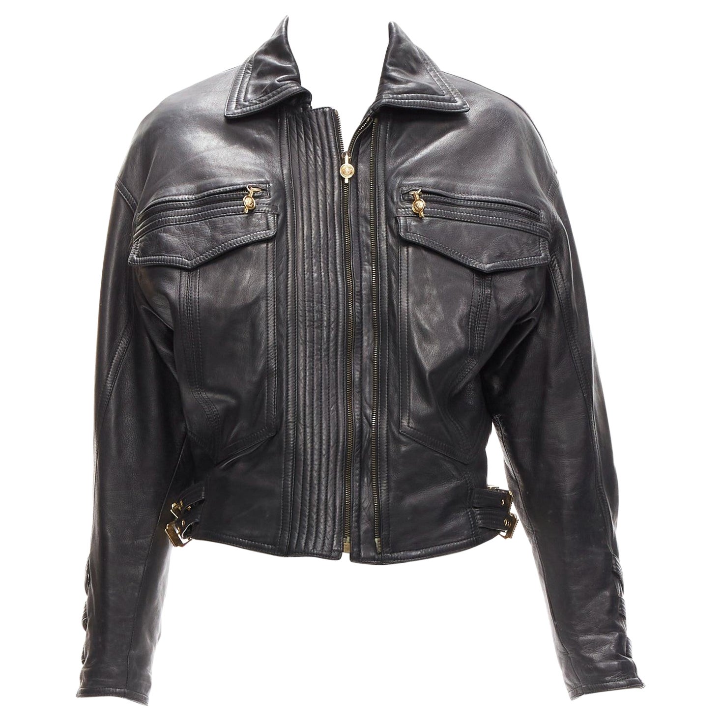 GIANNI VERSACE 1992 S&M black leather gold bondage buckle bomber IT38 XS For Sale