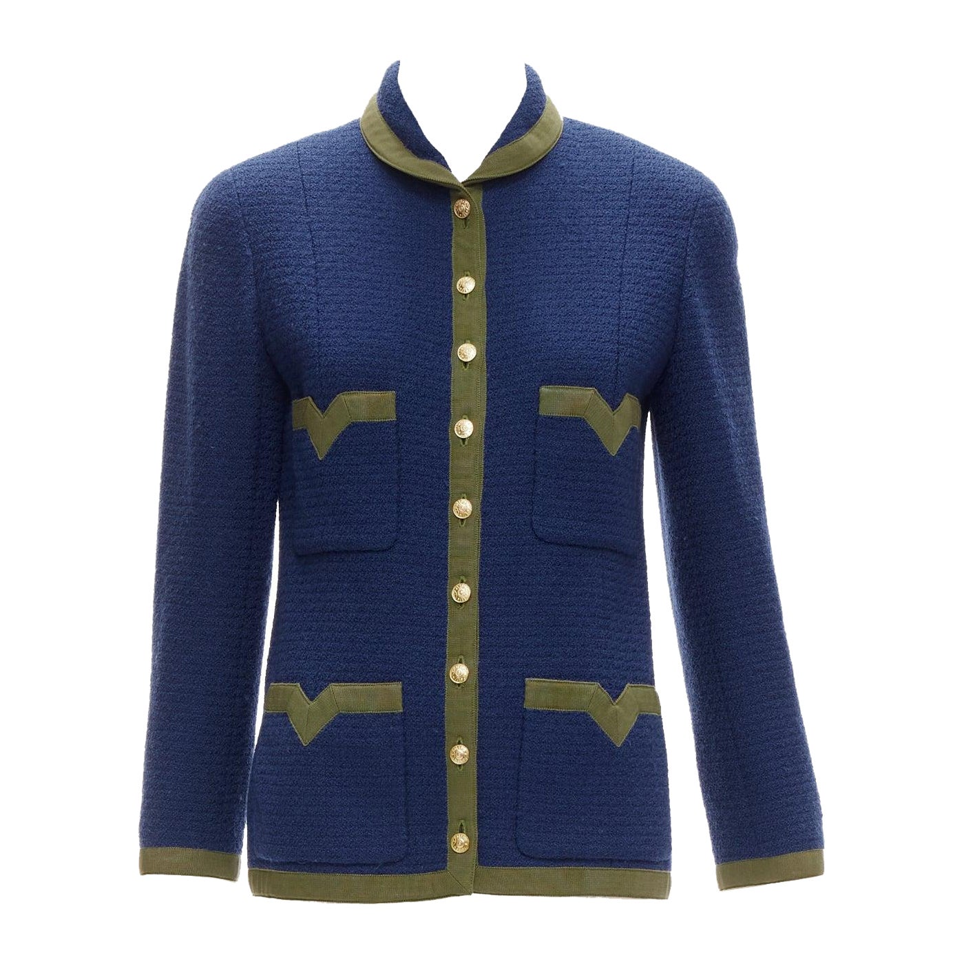 CHANEL Vintage 28931 marineblaue Tweed-Jacke aus Wolle mit 4 Taschen FR36 S