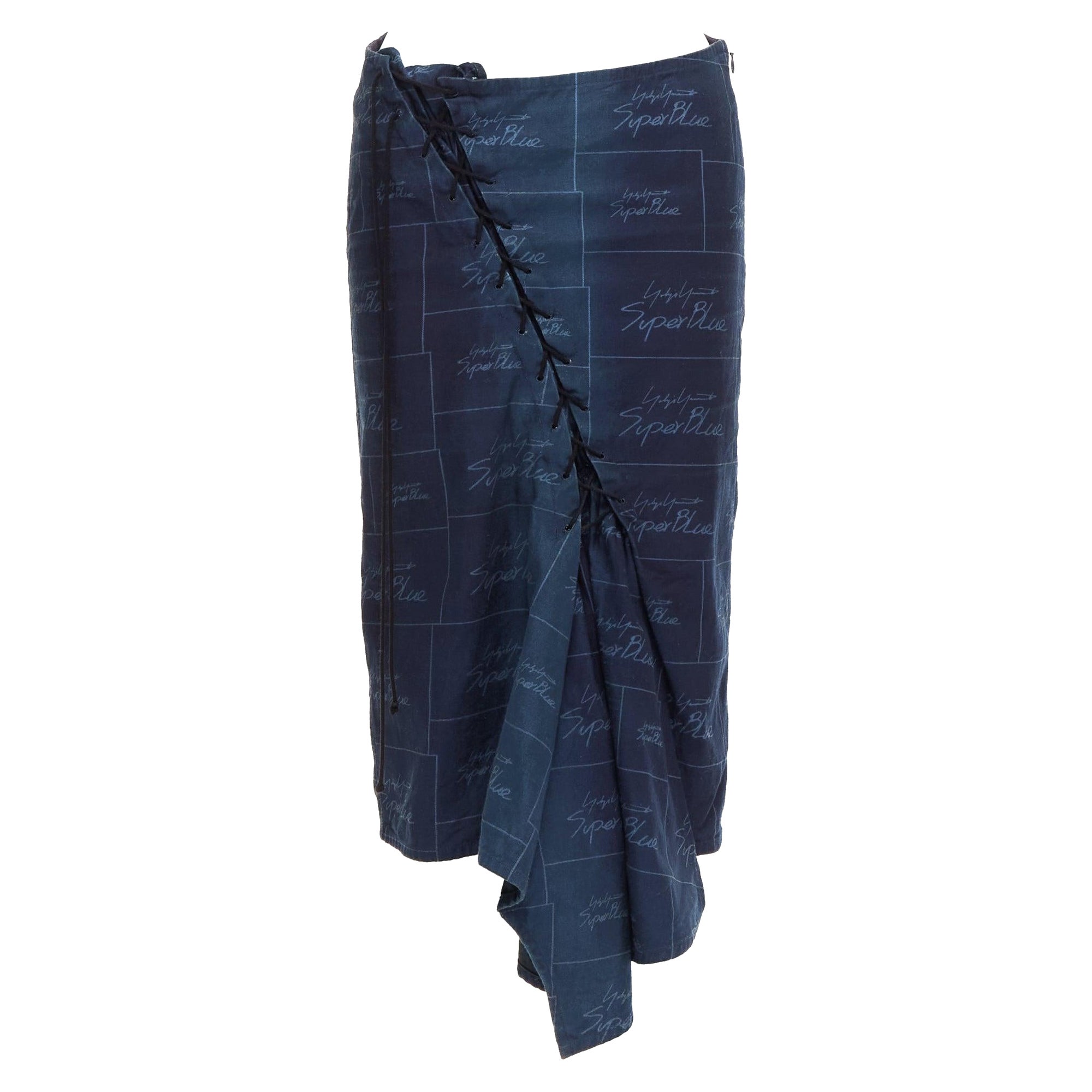 YOHJI YAMAMOTO Noir Superblue blue cotton logo print laced up skirt JP1 S For Sale