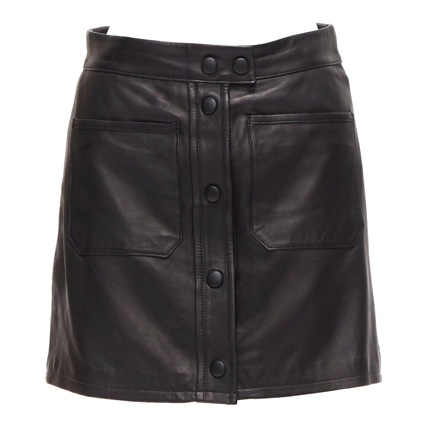 FRAME black lambskin leather snap button patch pocket mini skirt 25" For Sale