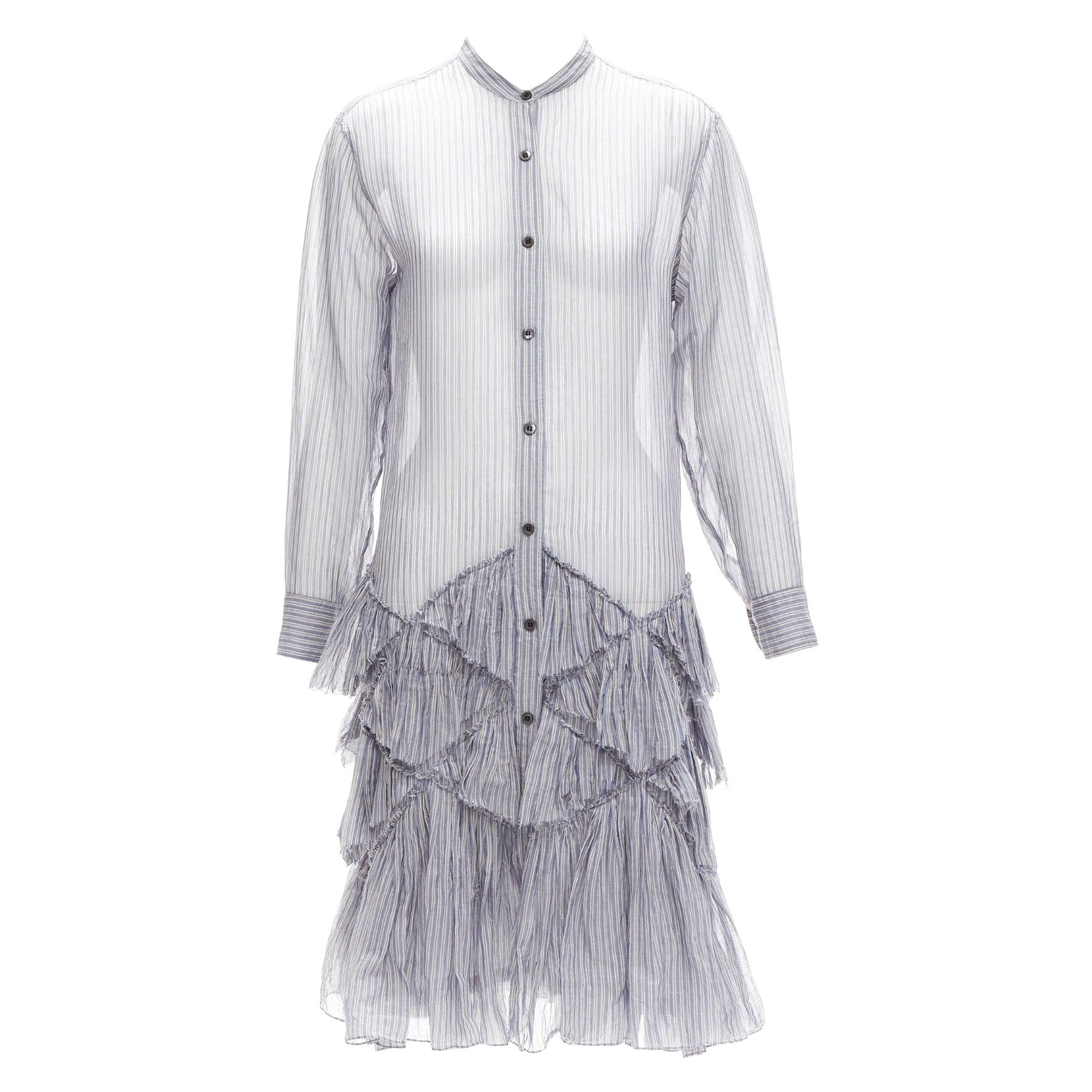 DRIES VAN NOTEN Laufsteg Kleid aus durchsichtiger Baumwolle mit Rüschensaum in Blau und Grau mit Nadelstreifen FR34 XS im Angebot