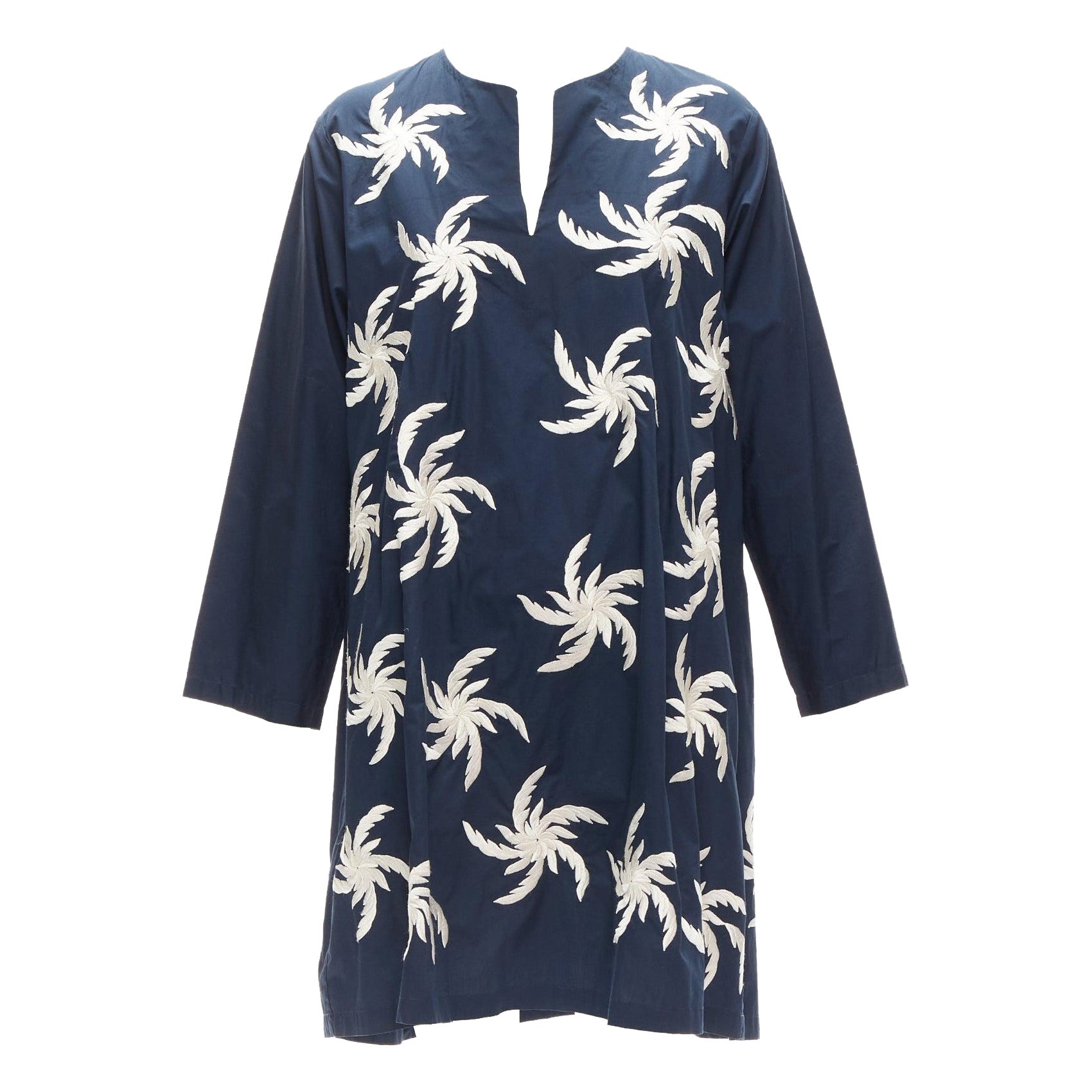 DRIES VAN NOTEN navy white 100% cotton floral embroidery boxy dress XS For Sale