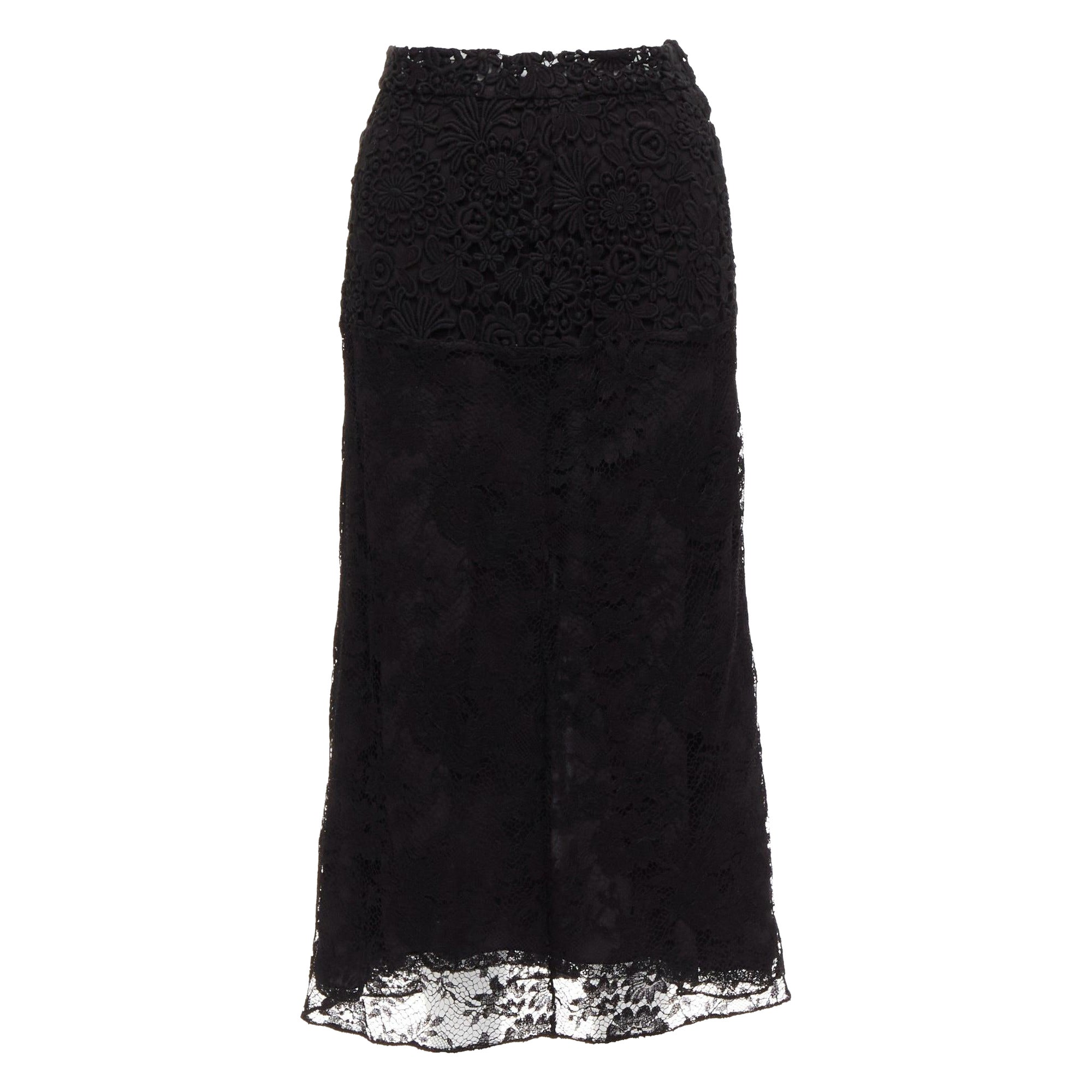 PRADA 2019 Runway 100% silk black mixed lace panelled midi skirt IT38 XS For Sale