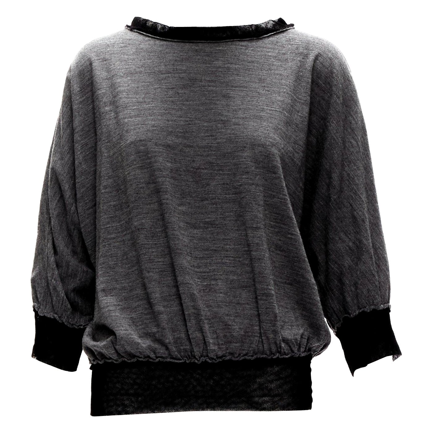 LANVIN 2005 grey wool cashmere mesh trim bateau batwing sweater FR38 M For Sale