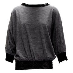 LANVIN 2005 grey wool cashmere mesh trim bateau batwing sweater FR38 M