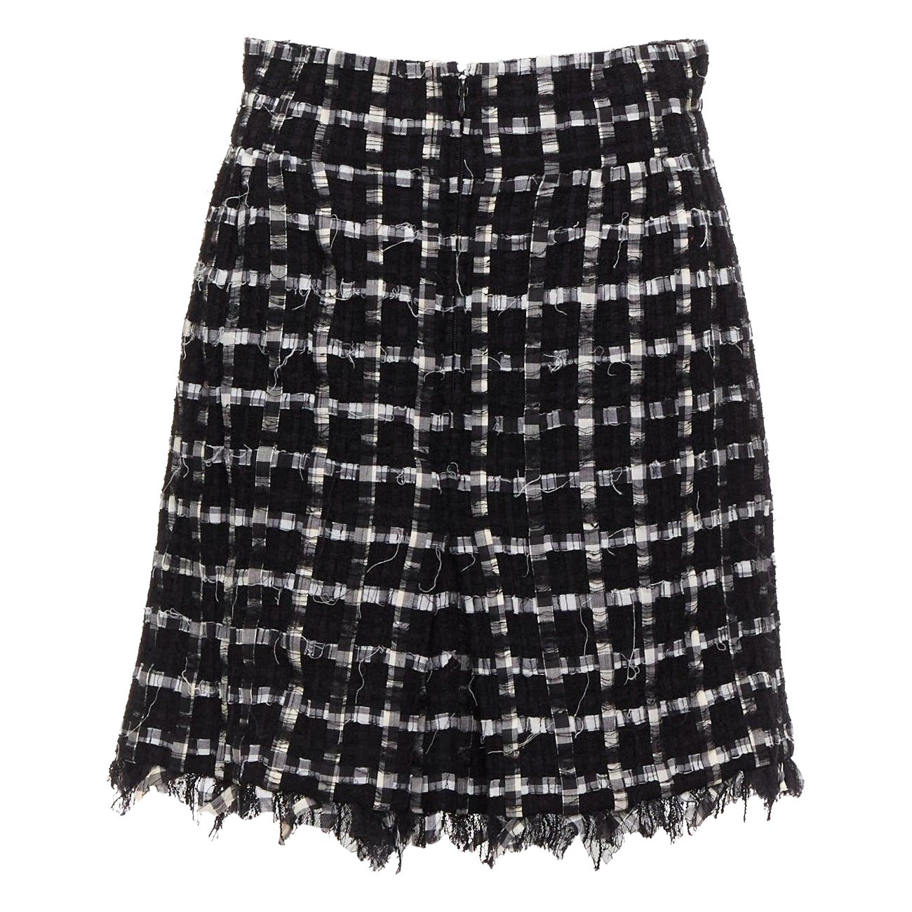 CHANEL black white check raw edge tweed silk lined skirt FR40 L For Sale