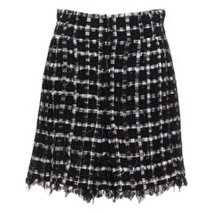 CHANEL black white check raw edge tweed silk lined skirt FR40 L