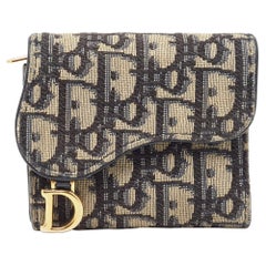 Used Dior Blue/Beige Oblique Jacquard Saddle Lotus Wallet