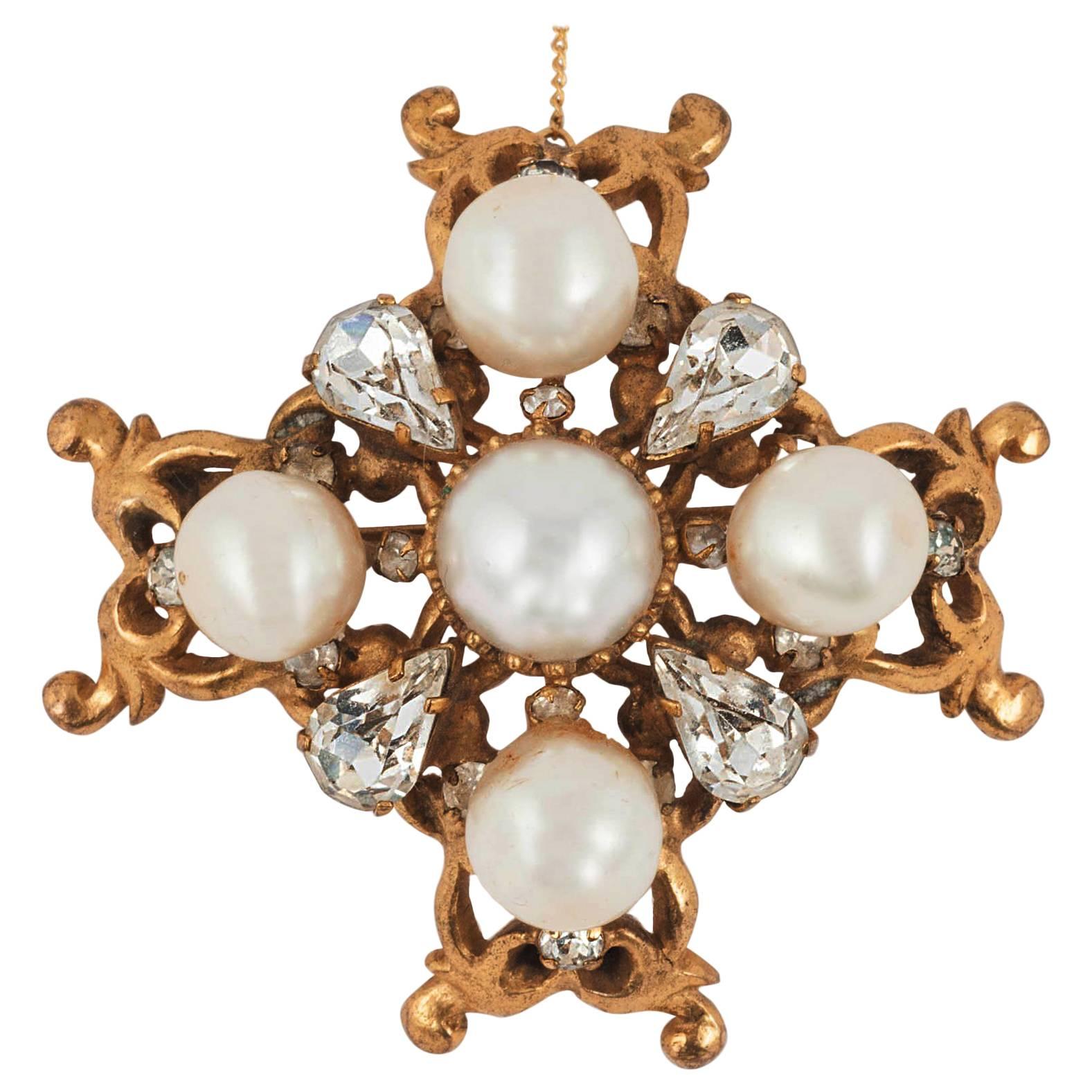 Beautiful handmade gilt, pearl and paste 'cruciform' brooch, Chanel, 1950s