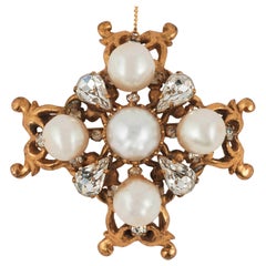 Beautiful handmade gilt, pearl and paste 'cruciform' brooch, Chanel, 1950s