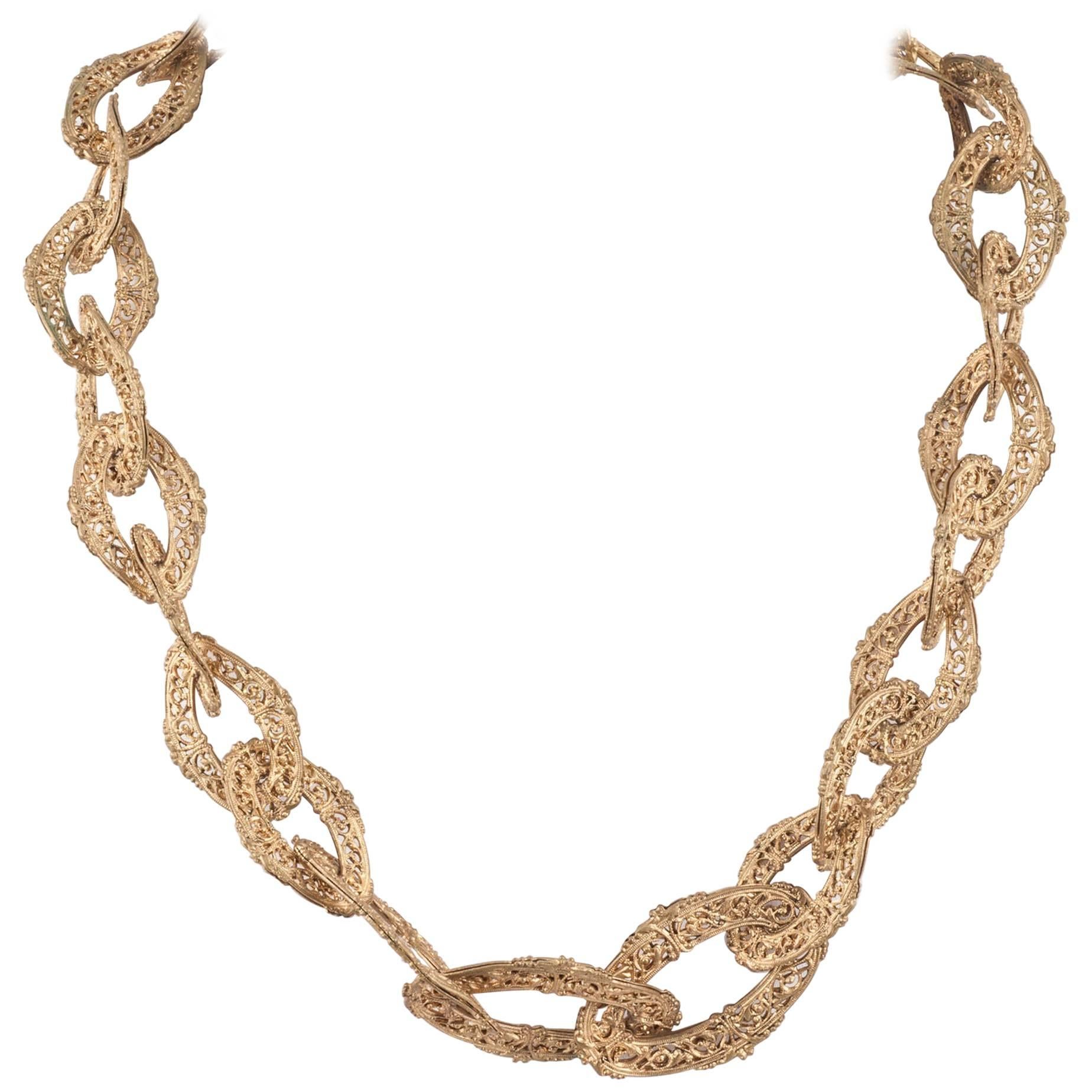 A large antiqued gold filigree link chain necklace, Goossens for Chanel, 1960s.
