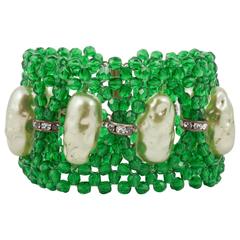 Woven green bead and baroque pearl bracelet, 1960s