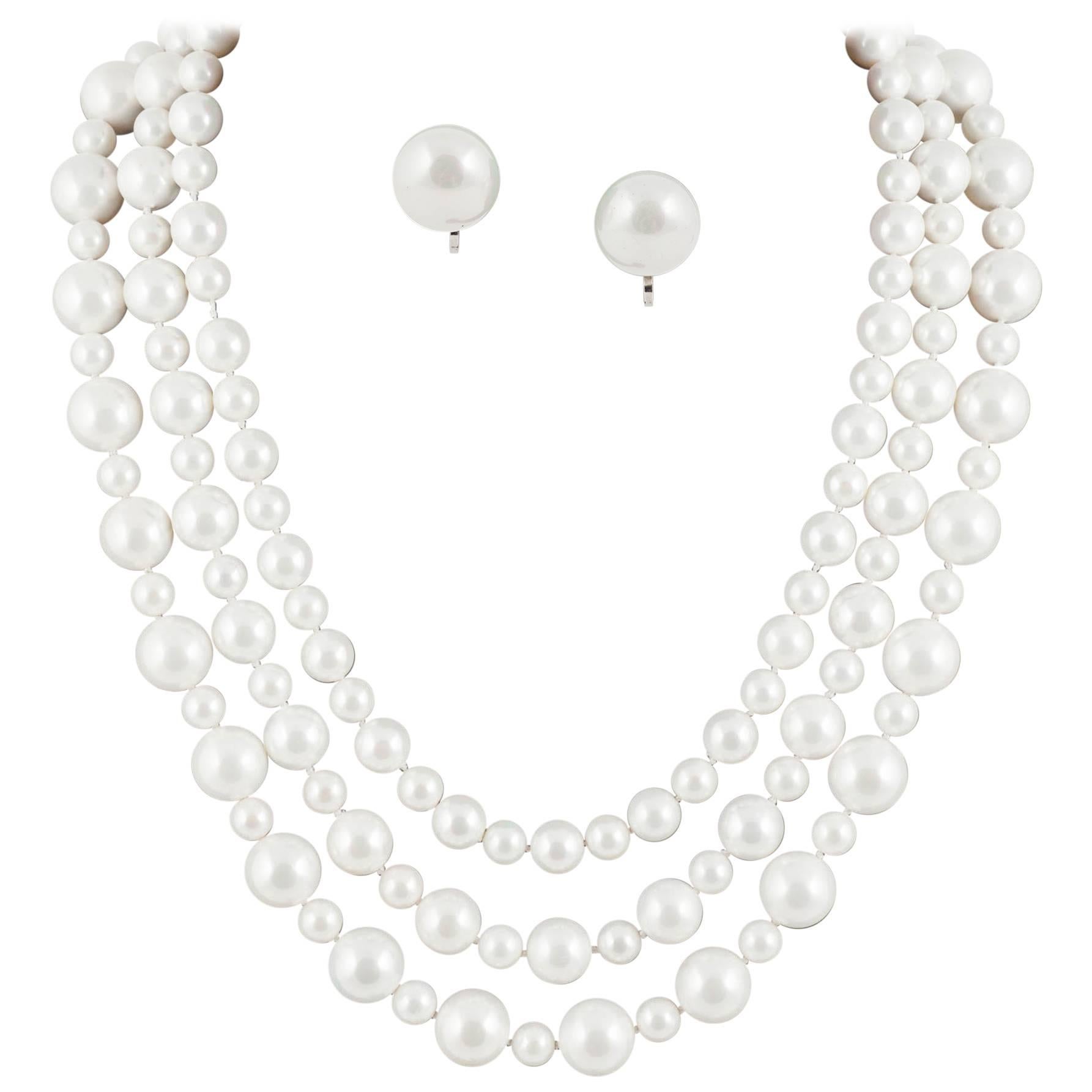 Classic 3 row pearl necklace, with matching drop earrings, 1990s