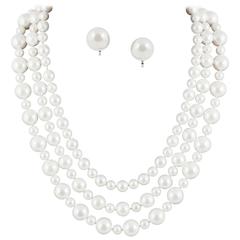 Classic 3 row pearl necklace, with matching earrings,1990s 1