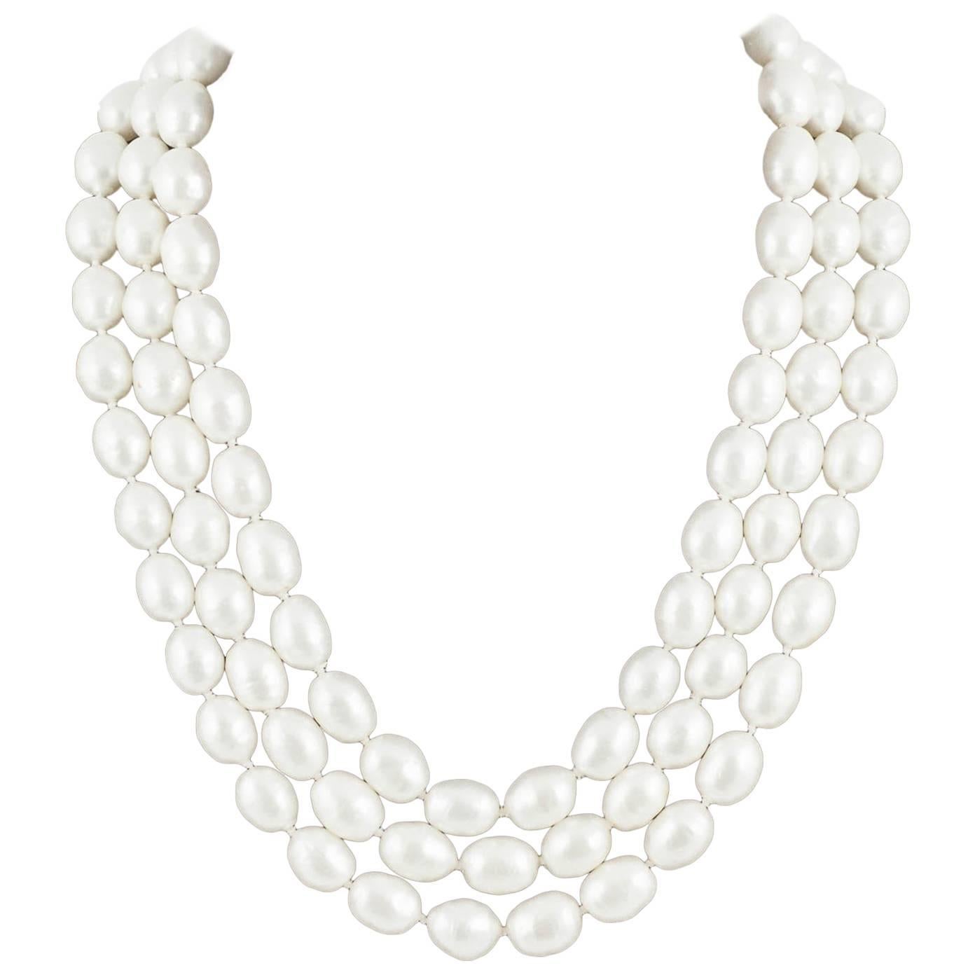 A beautiful three row lustre baroque pearl necklace, Maison Goossens, 1960s