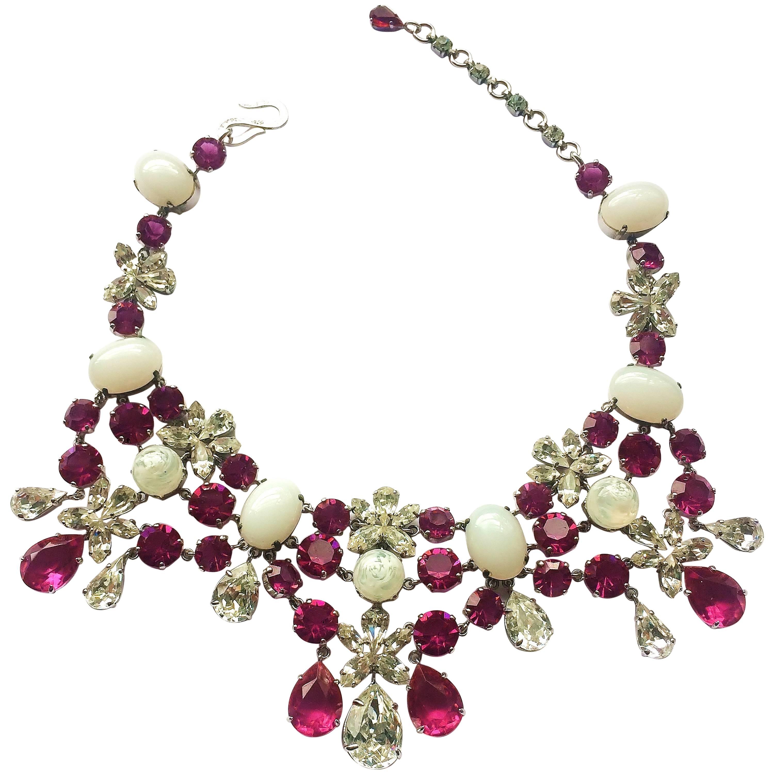 Fabulous deep pink and moonstone paste necklace, Christian Dior, 1950s