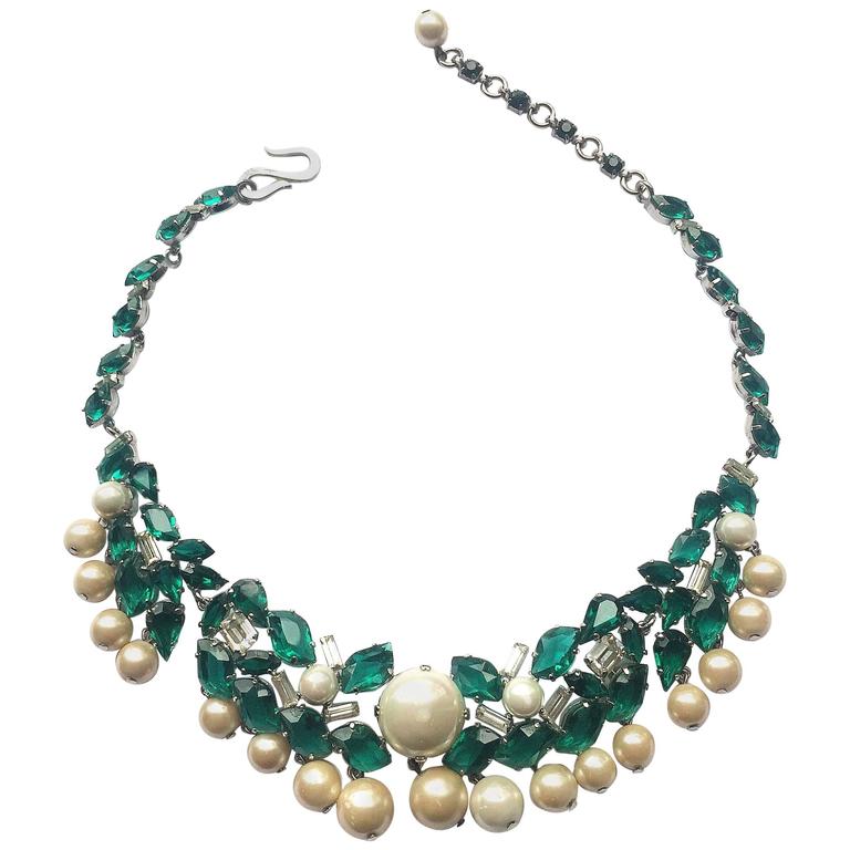 Exceptional emerald and clear paste, pearl necklace, Christian Dior
