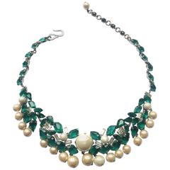 Vintage Exceptional emerald and clear paste, pearl necklace, Christian Dior , 1960