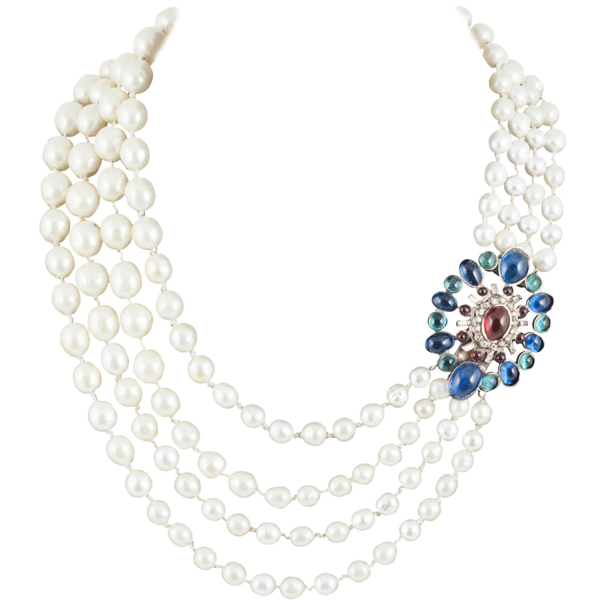 Chanel multi row baroque pearl necklace, with large poured glass clasp, 1960
