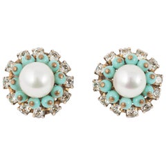 Retro Chanel turquoise paste and pearl cluster earrings, 1960s