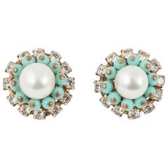 Chanel turquoise, paste and pearl cluster earrings, 1960s 12