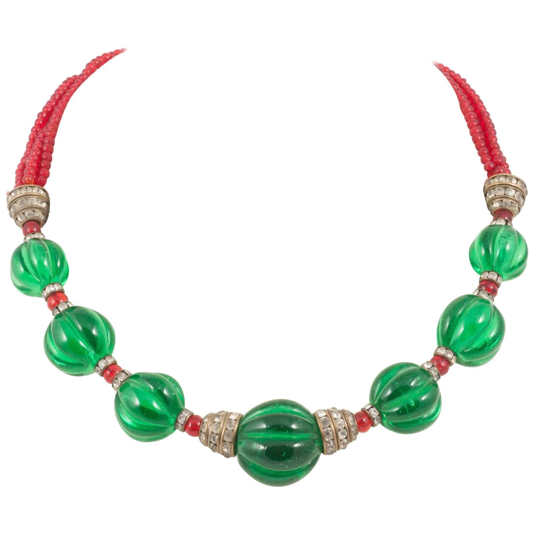 Chanel Moghul style emerald ruby glass necklace, 1930s