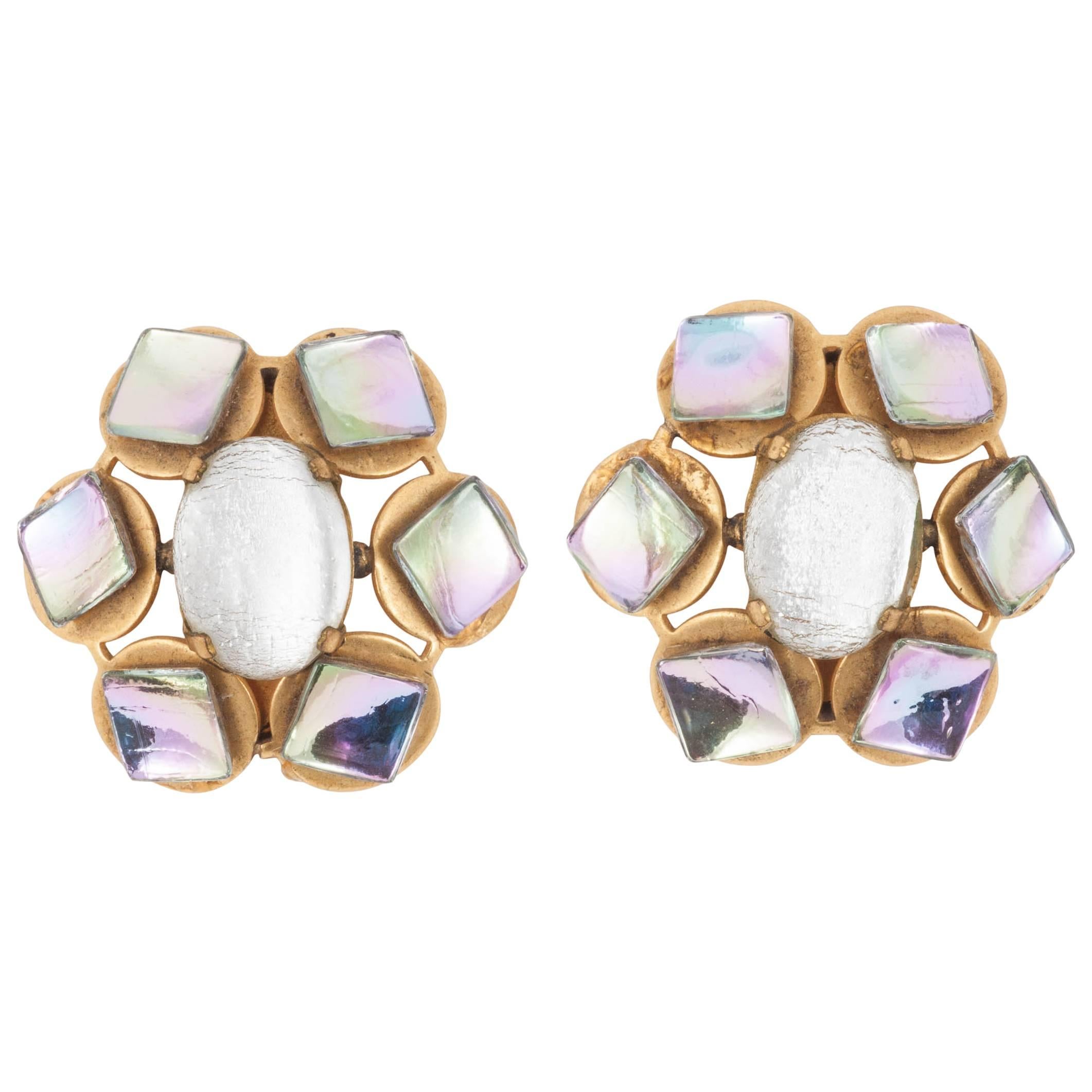  Large opalescent glass and gilt metal earrings, French, 1960s For Sale