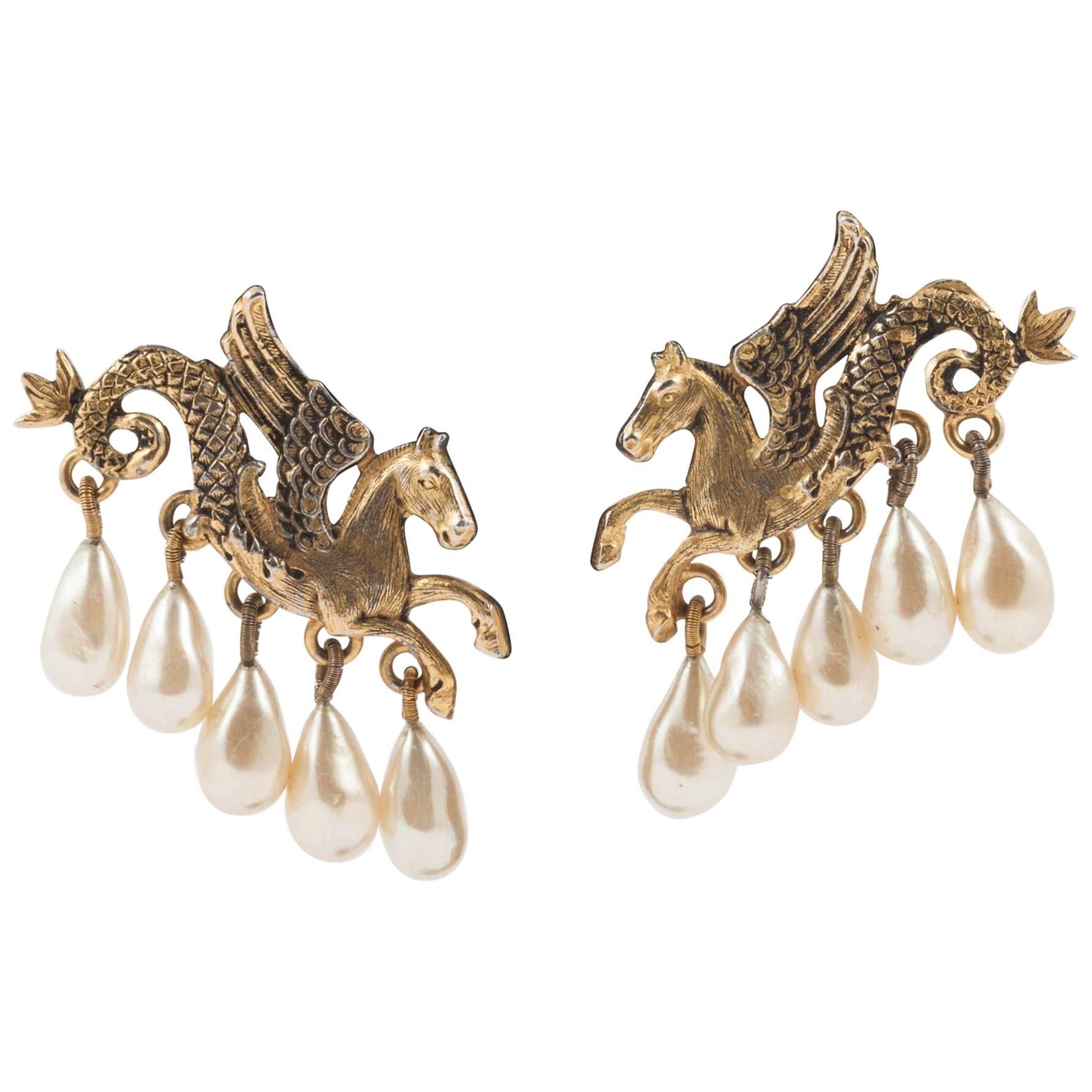 V rare 'hippocamp' gilt and drop pearl earrings, Christian Dior, 1950s