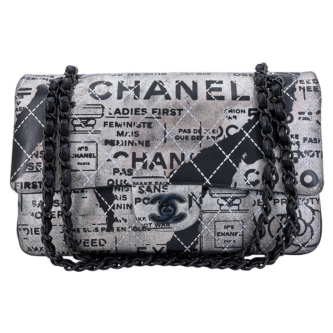 Chanel 2015 Graffiti Newspaper Medium Classic Double Flap Bag So Black 67856 For Sale