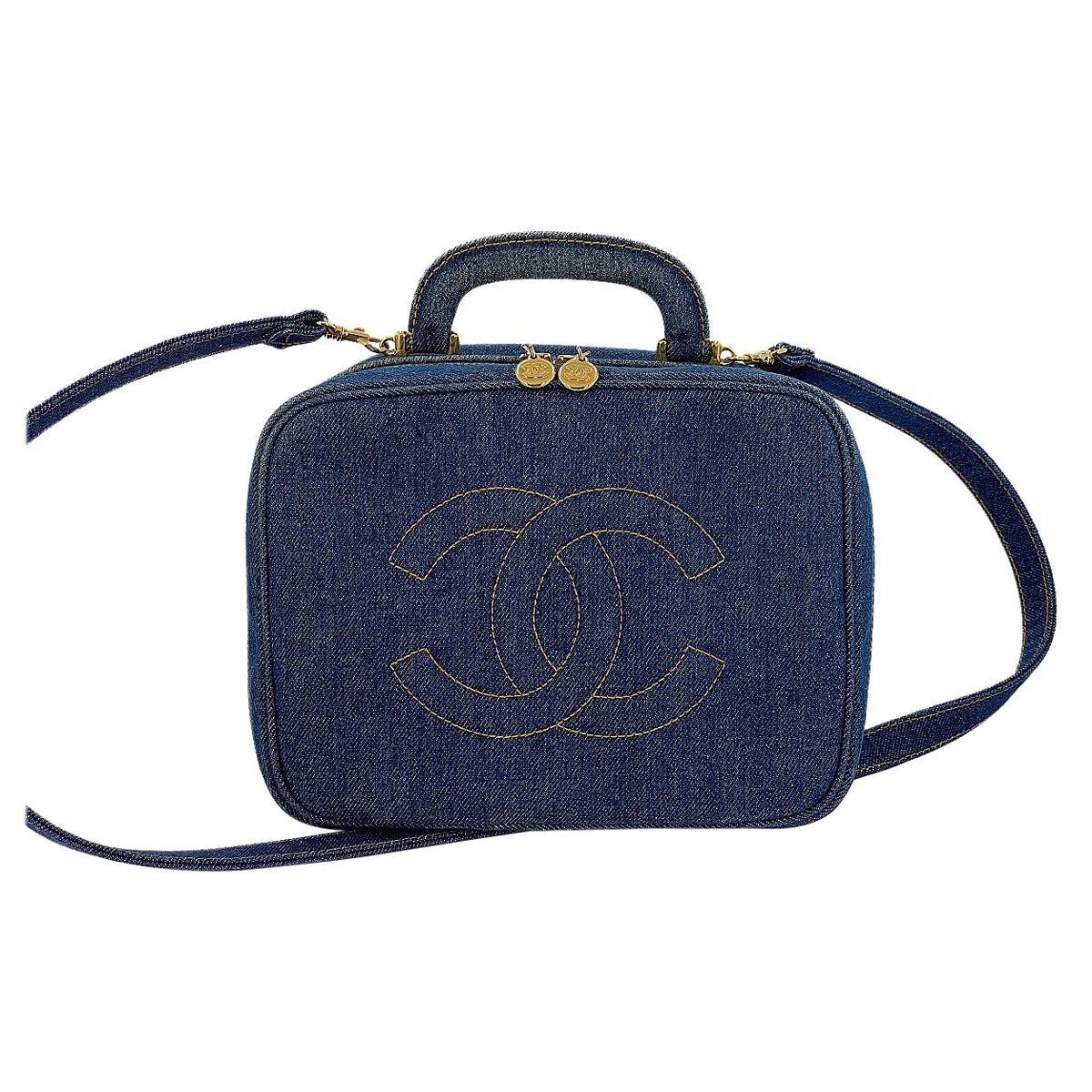 Chanel 1997 Vintage Blue Denim "Lunch Box" Vanity Timeless Logo Bag 67859 For Sale