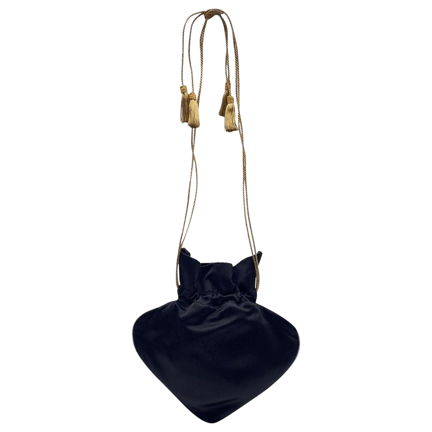 Yves Saint Laurent Vintage Black Satin Spades Evening Drawstring Bag For Sale
