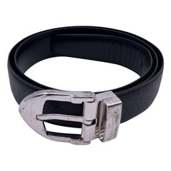 Used Louis Vuitton Black Taiga Classic Belt Silver Metal Buckle Size 85/34