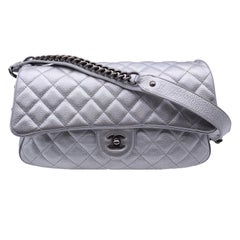 Chanel Airline 2016 Silver Quilted Leather Easy Flap Shoulder Bag