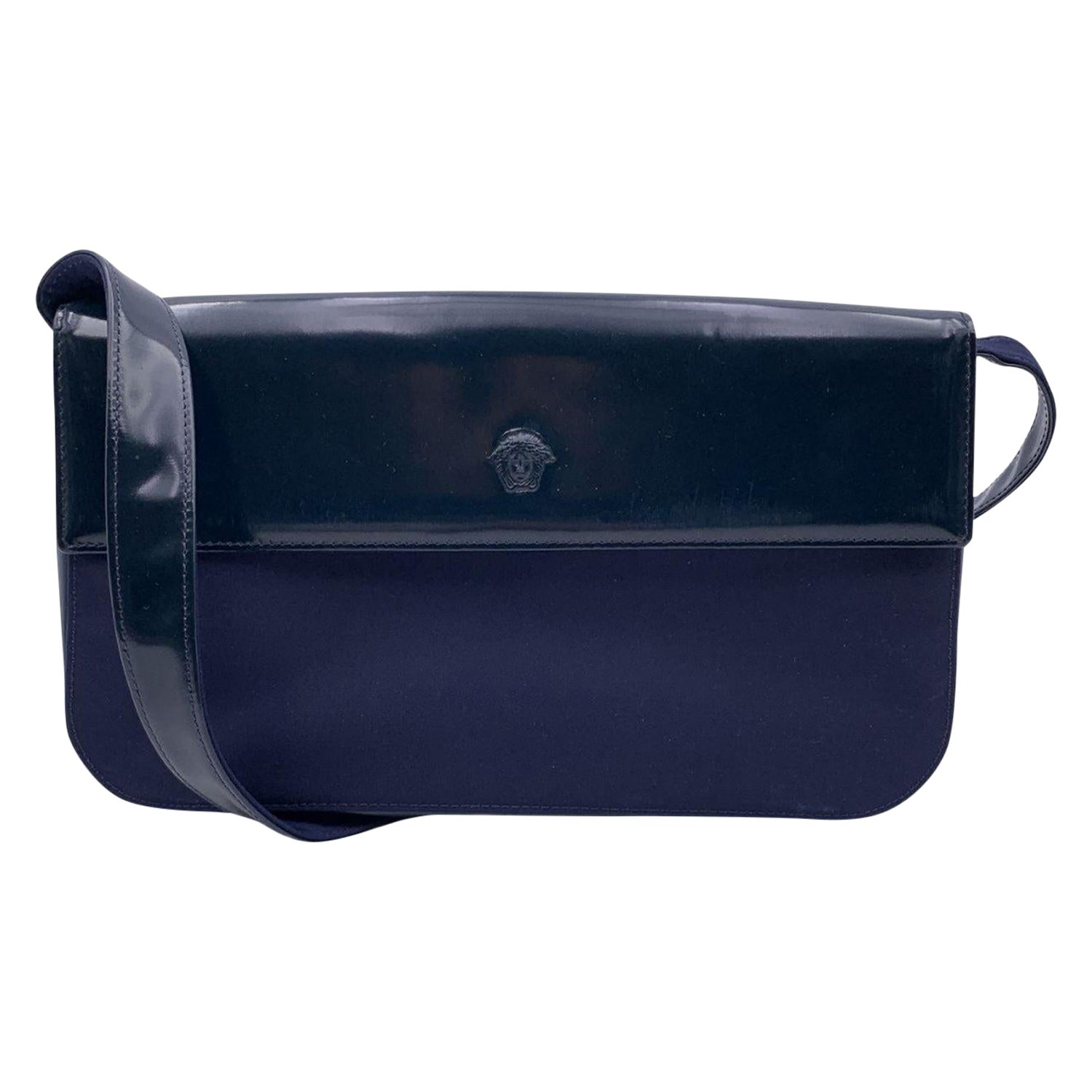 Gianni Versace Vintage Blue Nylon and Leather Shoulder Bag