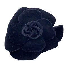 Chanel Vintage Black Velvet Camelia Camellia Flower Pin Brooch