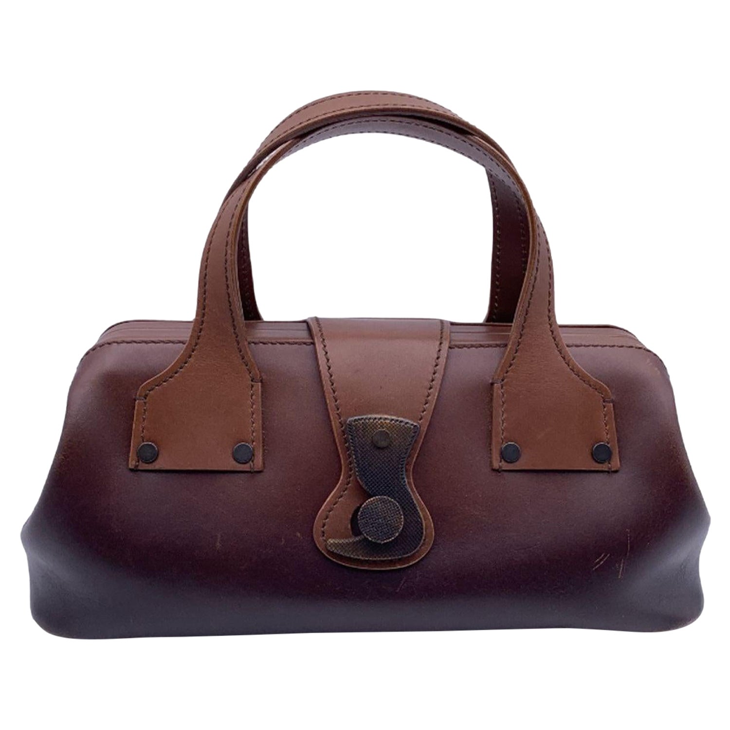 Gucci Brown Leather Wood Hook Closure Handbag Satchel Bag For Sale