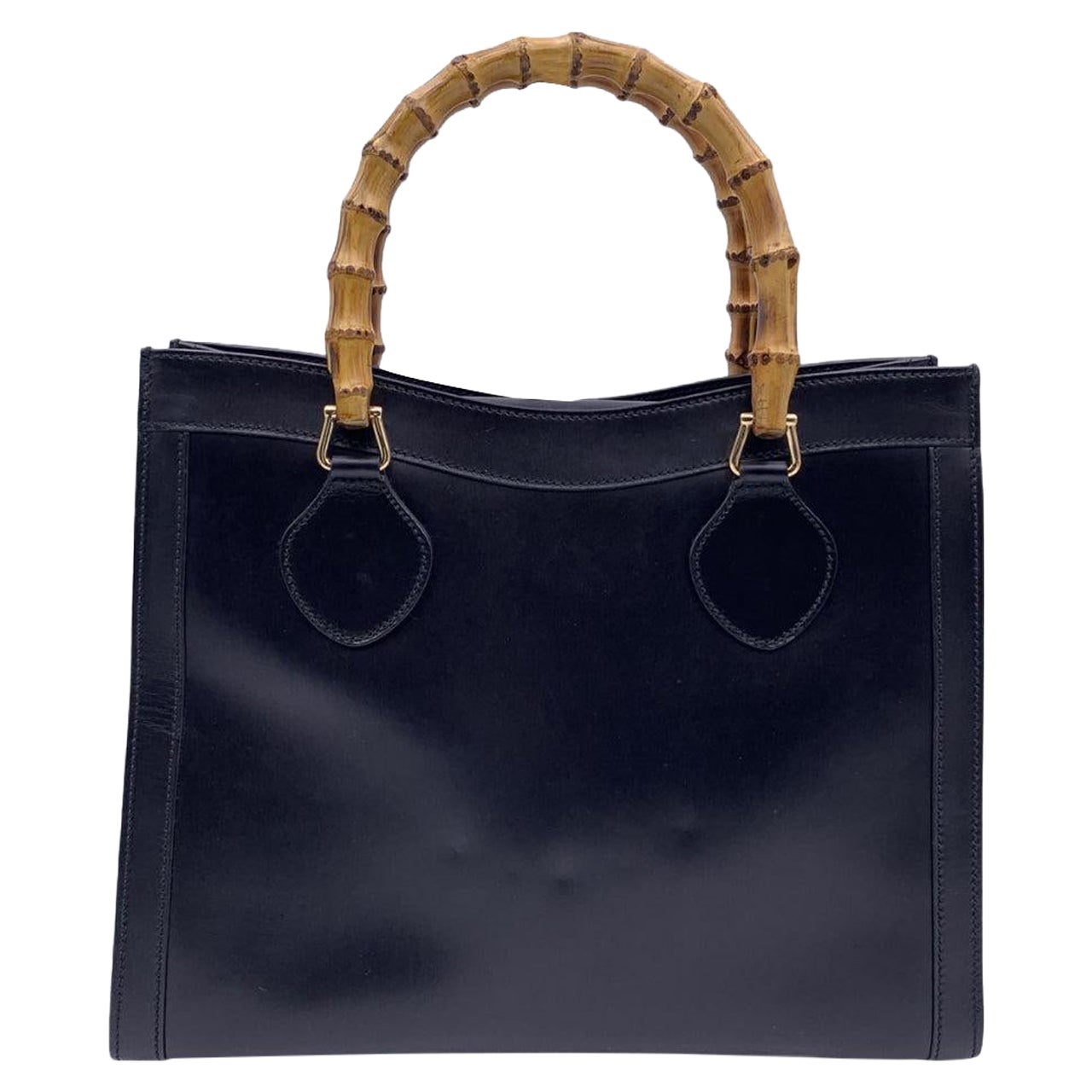 Gucci Black Smooth Leather Bamboo Princess Diana Tote Bag